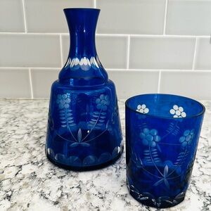 VINTAGE BOHEMIAN COBALT BLUE CUT-TO-CLEAR CRYSTAL “TUMBLE-UP” SET